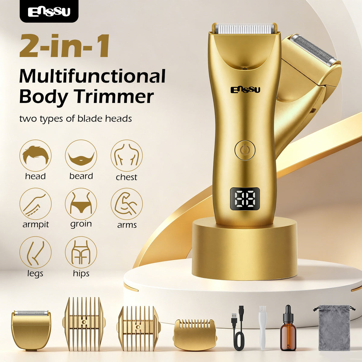 Máquina de Cortar Cabelo ENSSU Pro 2 em 1 Dourada – Ecrã Digital e Base IPX7