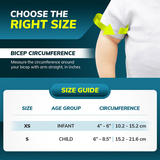 Sizing%20chart%20for%20pediatric%20elbow%20stabilizer%20-%20measure%20the%20circumference%20around%20your%20bicep.%20XS%20fits%20infants%20(4%22-6%22)%20S%20fits%20toddlers%20and%20younger%20children%20(6%22-8.5%22)