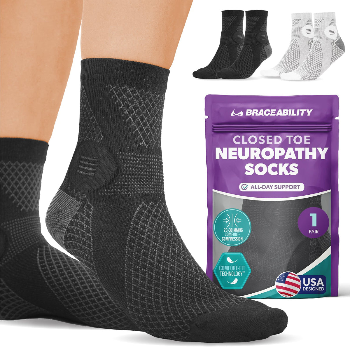 Closed-Toe Neuropathy Socks - Diabetic Socks for Women and Men, Foot Pain Relief, Circulation Support - 1 Pair