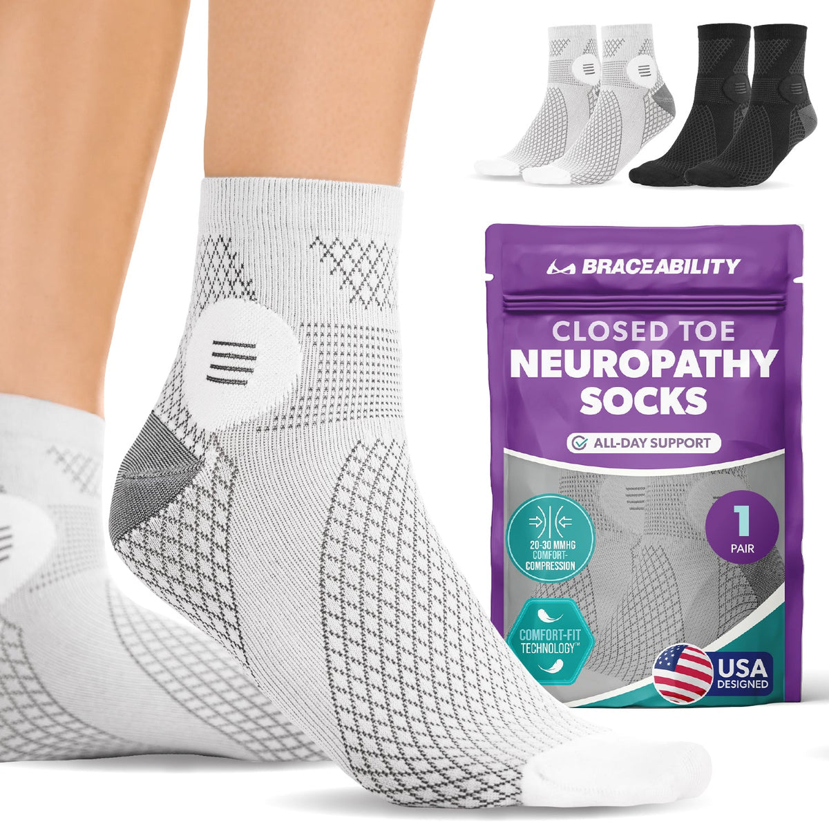 Closed-Toe Neuropathy Socks - Diabetic Socks for Women and Men, Foot Pain Relief, Circulation Support - 1 Pair
