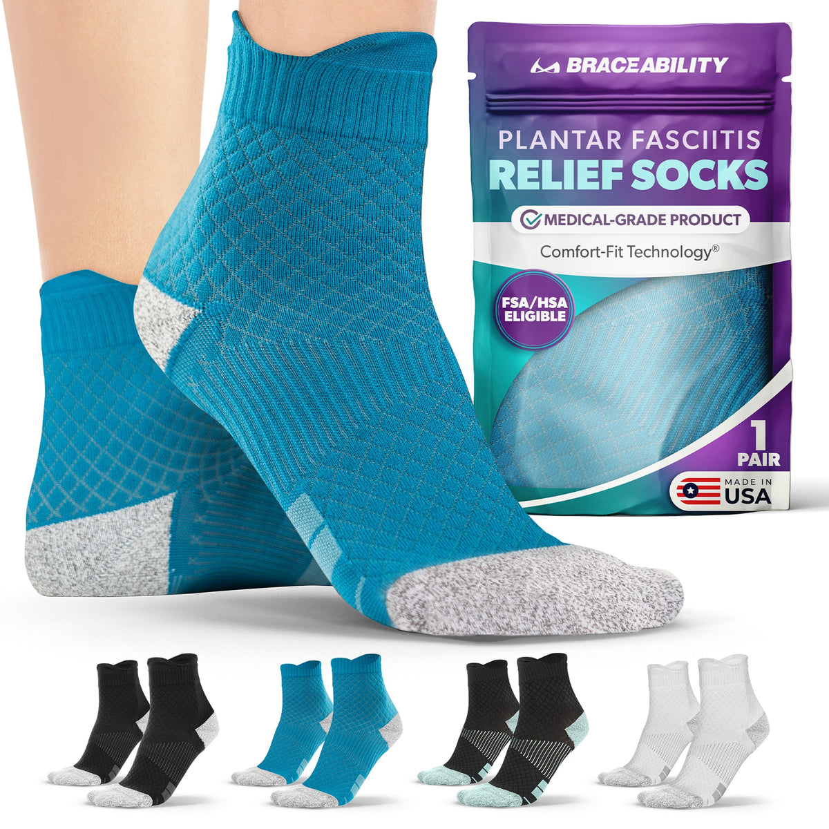 Plantar Fasciitis Relief Socks - Full-Toe Compression for Heel Spurs, Arch Pain and Achilles Tendon Support Sleeves (1 Pair)