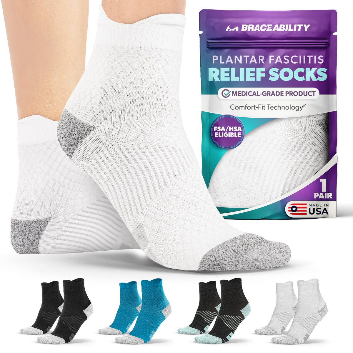 Plantar Fasciitis Relief Socks - Full-Toe Compression for Heel Spurs, Arch Pain and Achilles Tendon Support Sleeves (1 Pair)