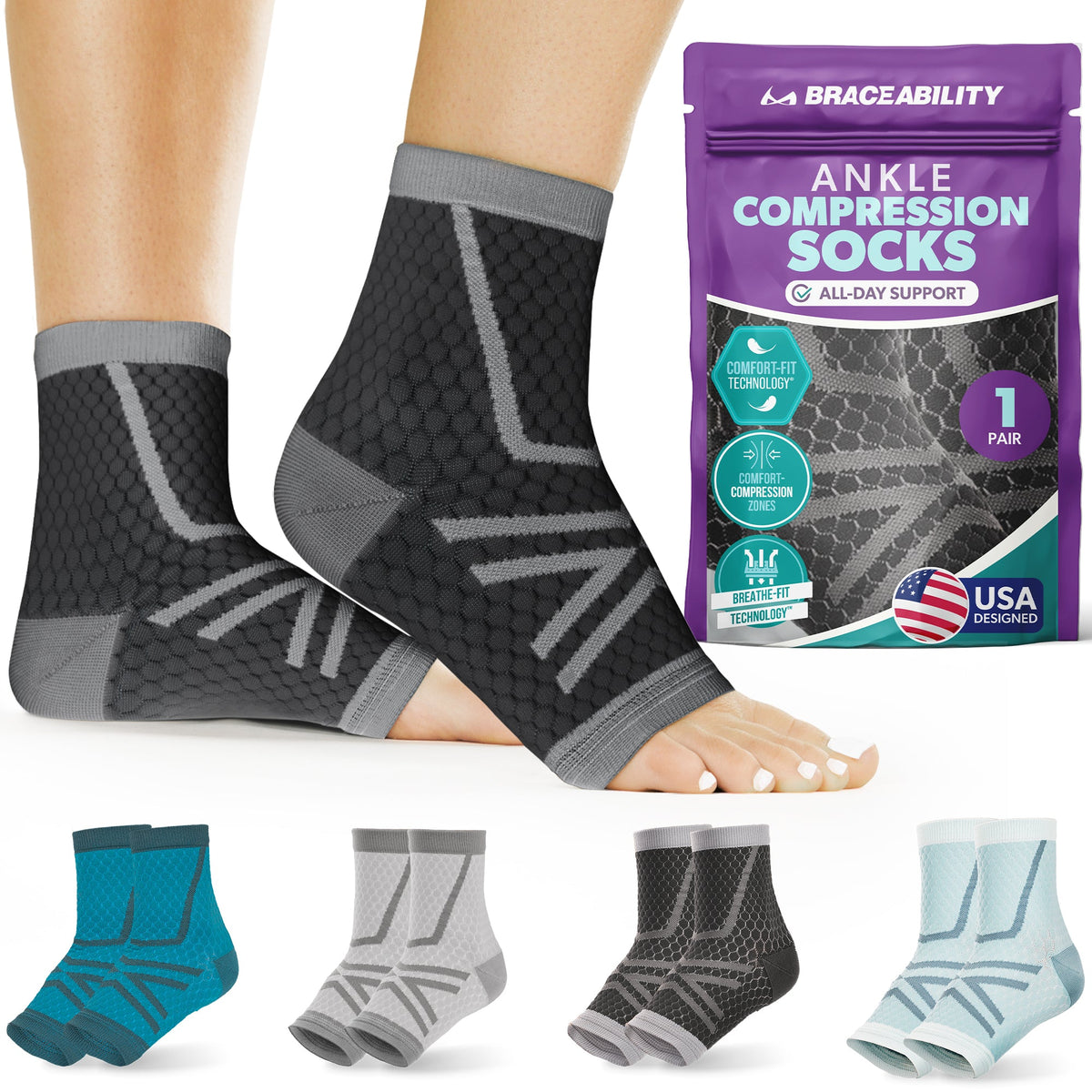 Ankle Compression Socks - Foot Support Sleeves for Plantar Fasciitis, Tendonitis, Arthritis, Ankle Sprains (1 Pair)