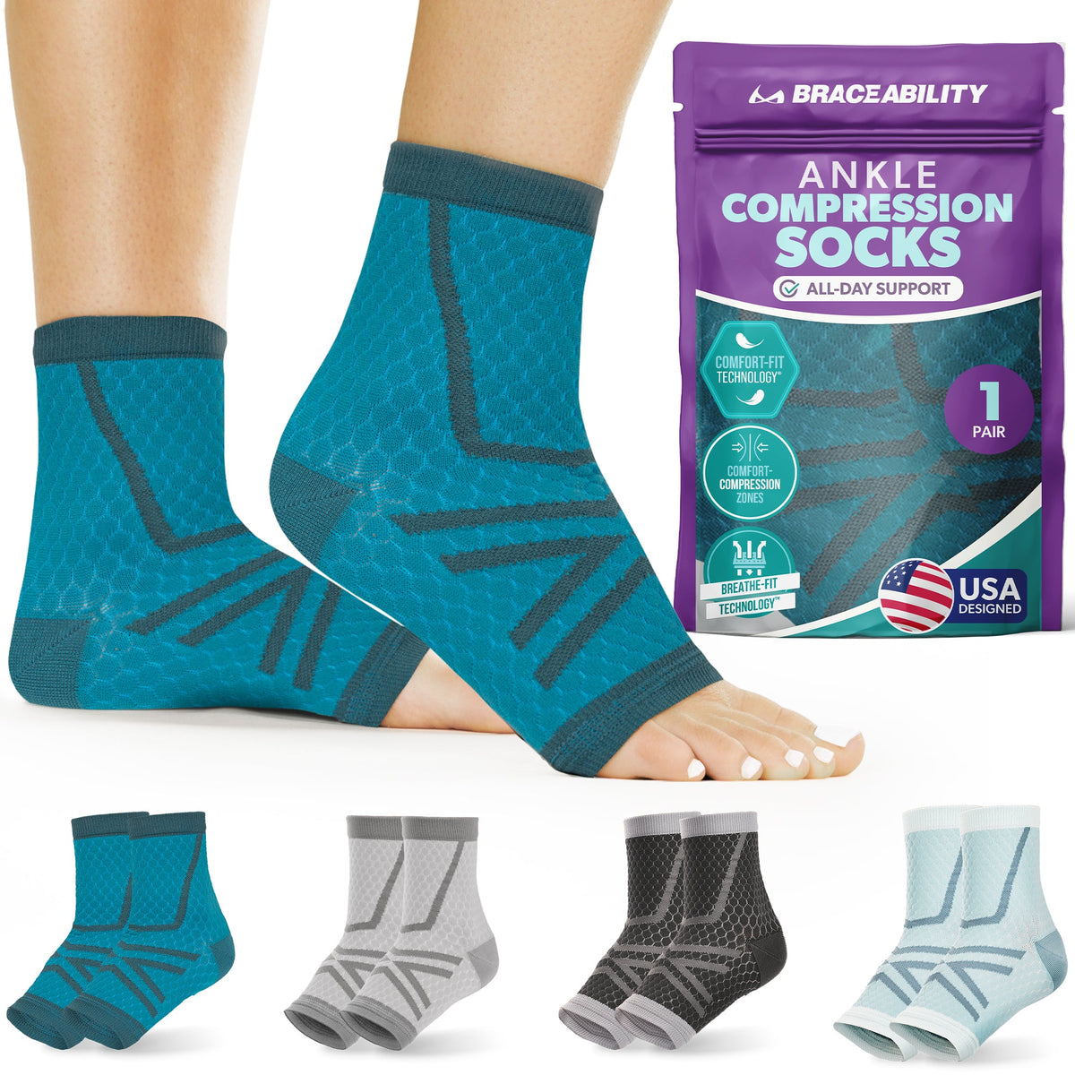 Ankle Compression Socks - Foot Support Sleeves for Plantar Fasciitis, Tendonitis, Arthritis, Ankle Sprains (1 Pair)