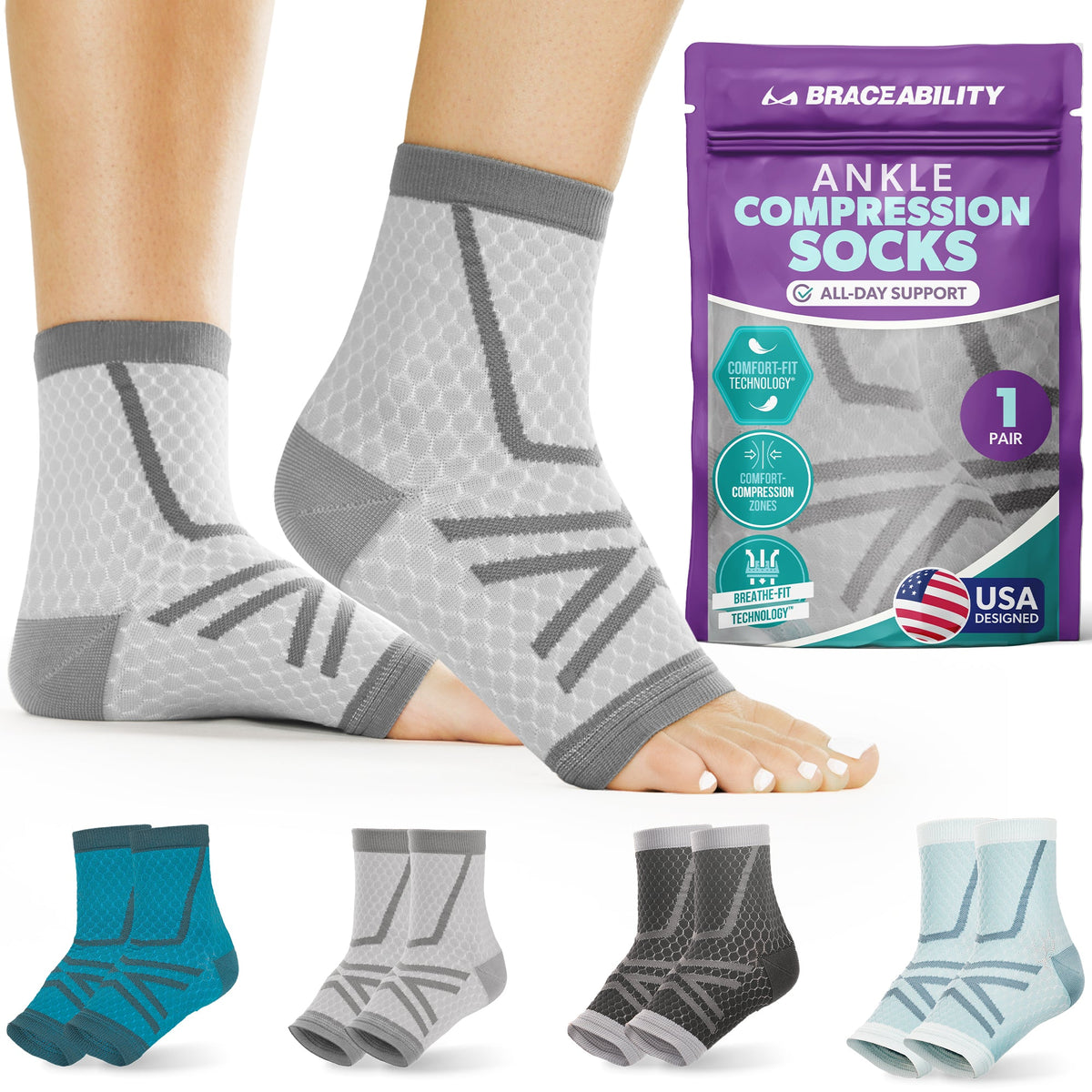 Ankle Compression Socks - Foot Support Sleeves for Plantar Fasciitis, Tendonitis, Arthritis, Ankle Sprains (1 Pair)
