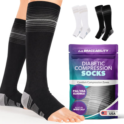 Knee High Diabetic Compression Socks - 20-30 mmHg Toeless Neuropathy Socks for Edema and Swollen Legs, 1 Pair