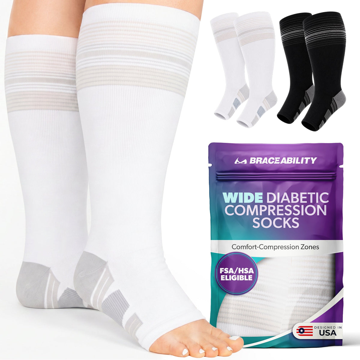 Knee High Diabetic Compression Socks - 20-30 mmHg Toeless Neuropathy Socks for Edema and Swollen Legs, 1 Pair