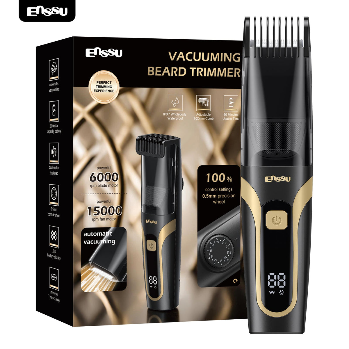Aparador de Barba com Sucção ENSSU Max – 1-20 mm, Ecrã Digital IPX7