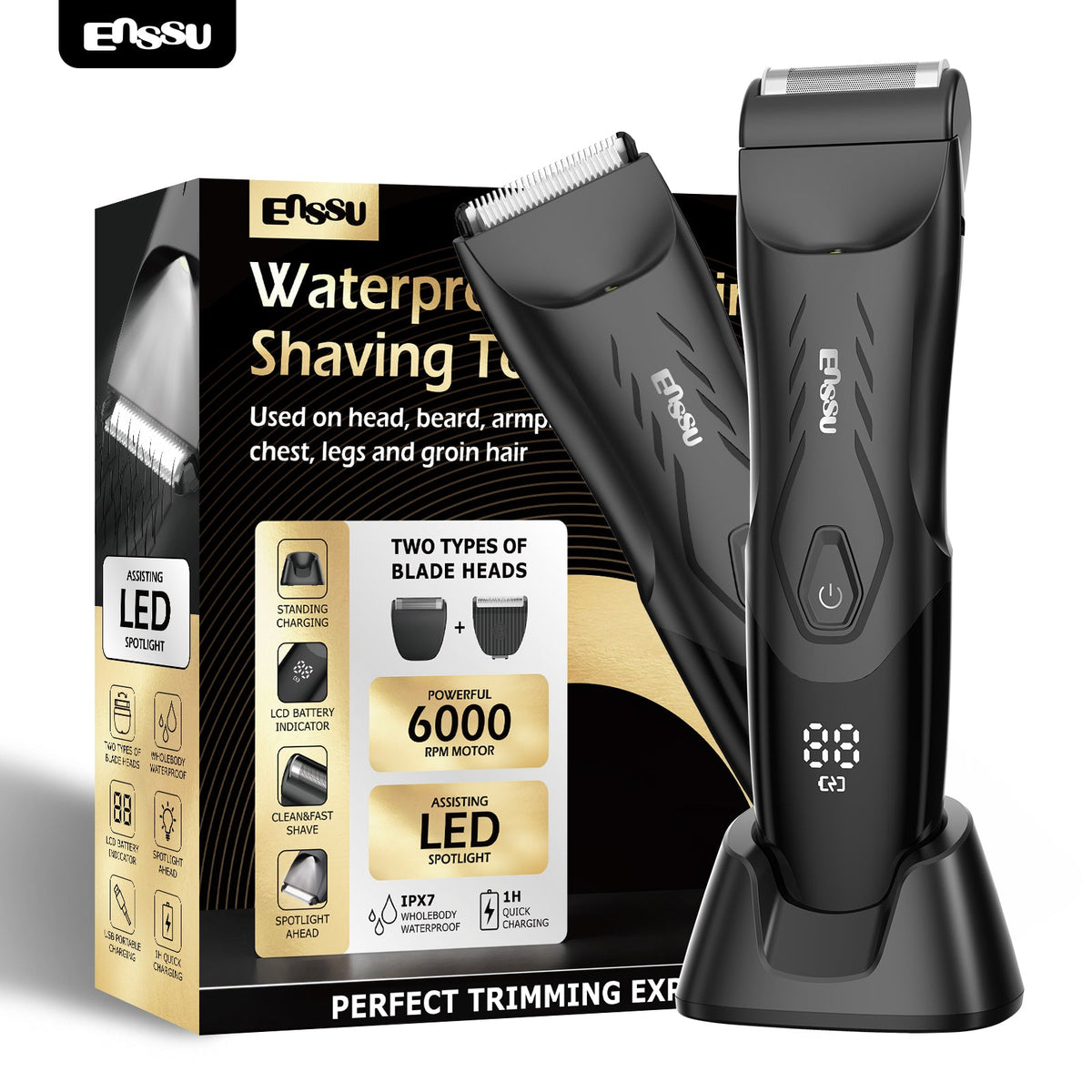 Kit Aparador Barba & Corpo ENSSU Max Preto – 2 em 1 com Base IPX7