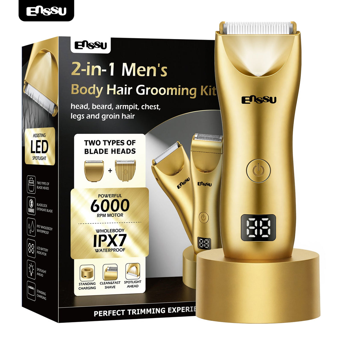 Máquina de Cortar Cabelo ENSSU Pro 2 em 1 Dourada – Ecrã Digital e Base IPX7