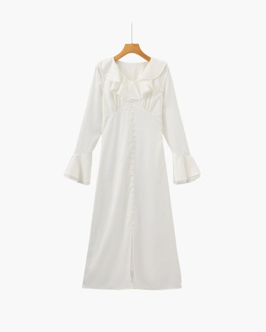Pearl Button Ruffle Midi Dress