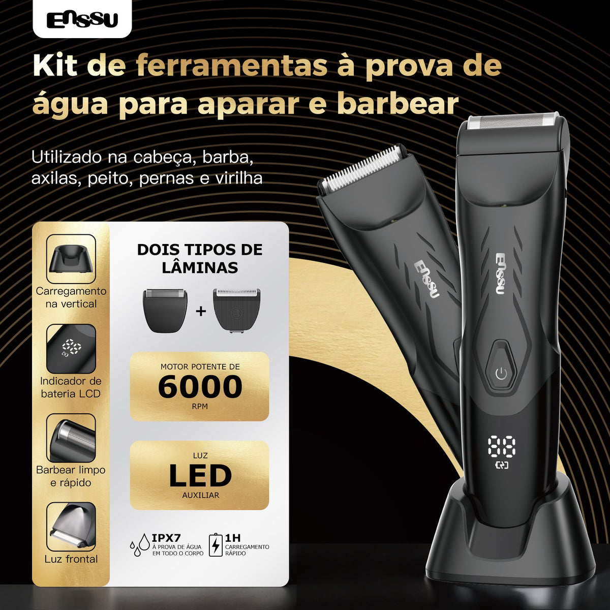 Kit Aparador Barba & Corpo ENSSU Max Preto – 2 em 1 com Base IPX7
