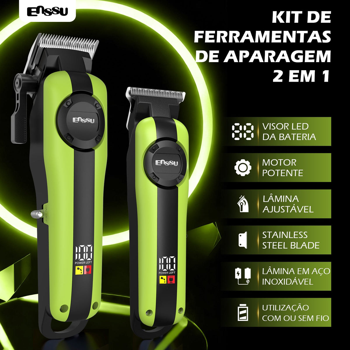 Conjunto Máquina de Cortar Cabelo e Aparador Profissional sem Fios ENSSU