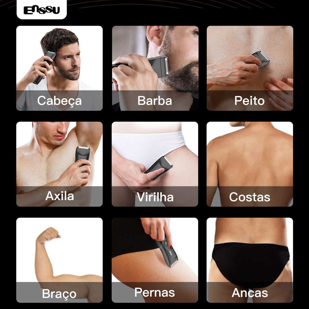 Kit Aparador Barba & Corpo ENSSU Max Preto – 2 em 1 com Base IPX7