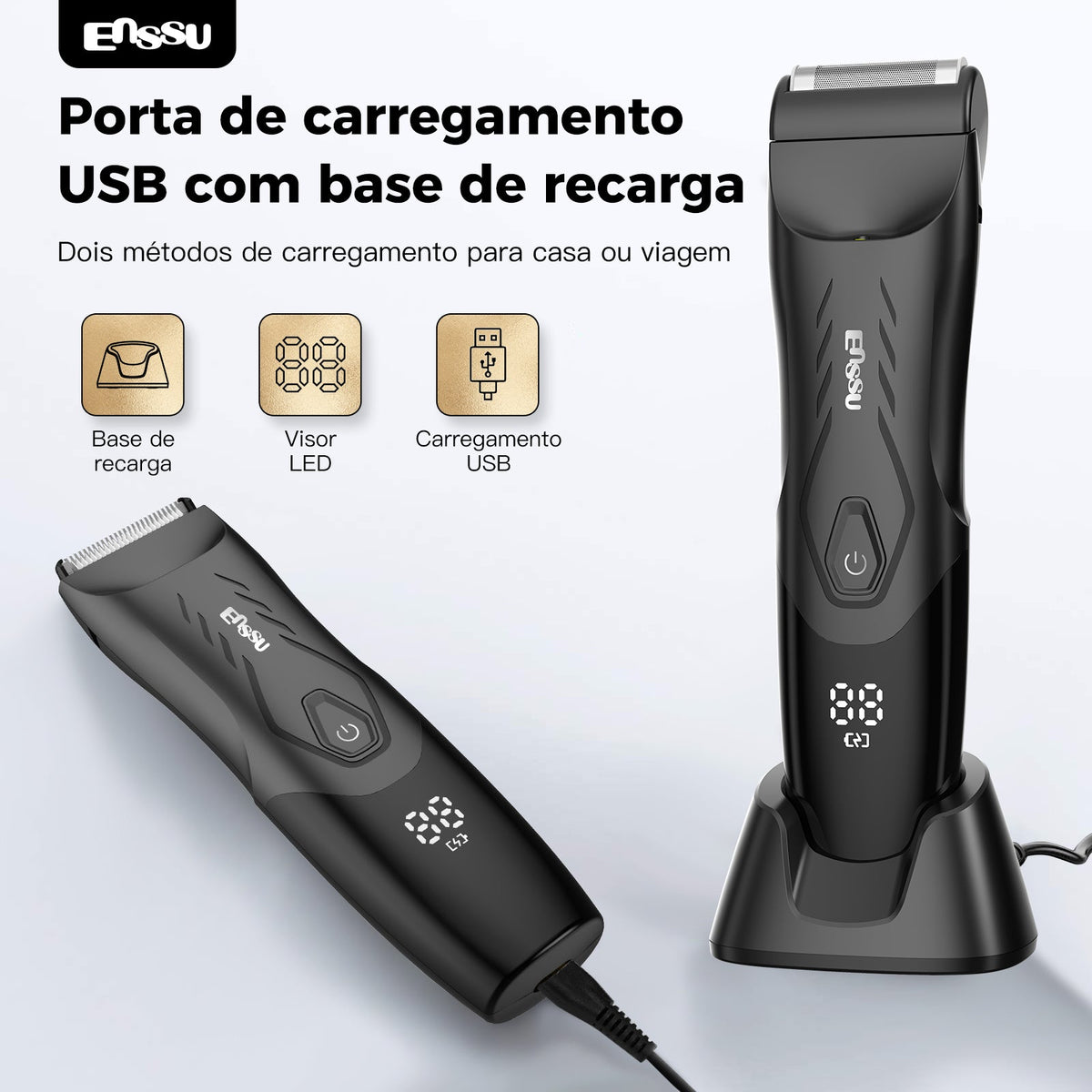 Kit Aparador Barba & Corpo ENSSU Max Preto – 2 em 1 com Base IPX7