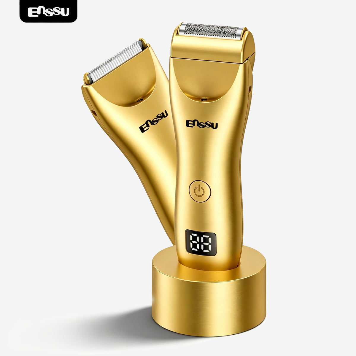 Máquina de Cortar Cabelo ENSSU Pro 2 em 1 Dourada – Ecrã Digital e Base IPX7