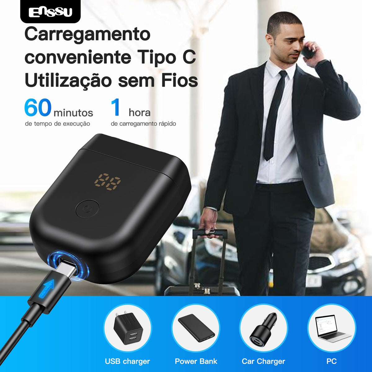 Máquina de Barbear Elétrica ENSSU – Sem Fios, À Prova de Água, USB