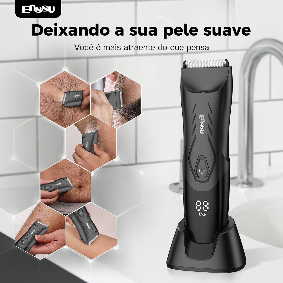 Kit Aparador Barba & Corpo ENSSU Max Preto – 2 em 1 com Base IPX7