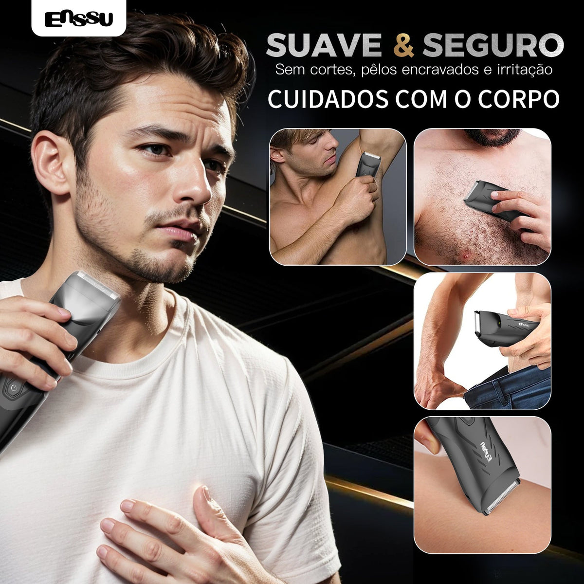 Kit Aparador Barba & Corpo ENSSU Max Preto – 2 em 1 com Base IPX7