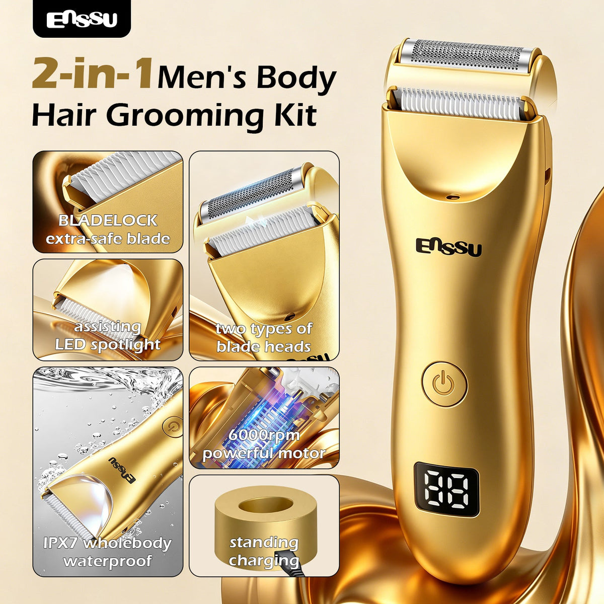 Máquina de Cortar Cabelo ENSSU Pro 2 em 1 Dourada – Ecrã Digital e Base IPX7
